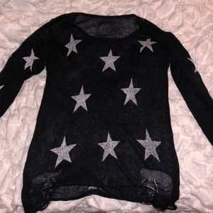 Sheer black and silver distressed star sweater
